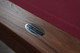 Doc & Holliday steel logo name plate with Made in USA badge featured on the Arthur Deco solid walnut slate billiard table Doc & Holliday steel logo name plate with Made in USA badge featured on the Arthur Deco solid walnut slate billiard table